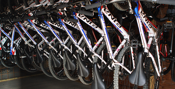 a set of bikes on a rack