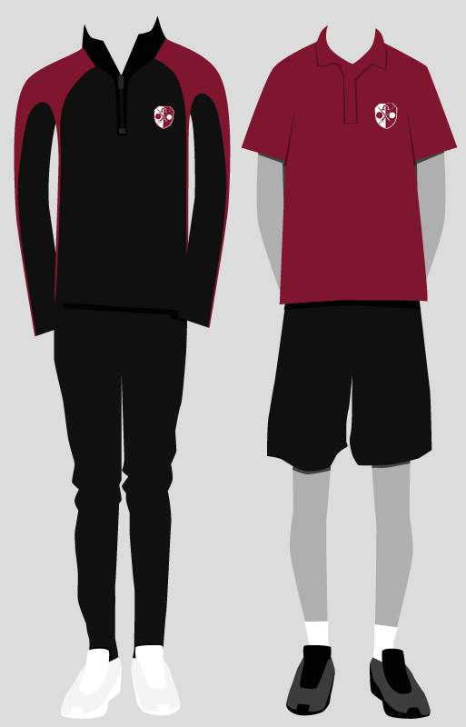 The EBS PE Kit which forms part of our uniform. Option of black jogging bottoms and black and maroon mid layer, or maroon polo shirt with black shorts.