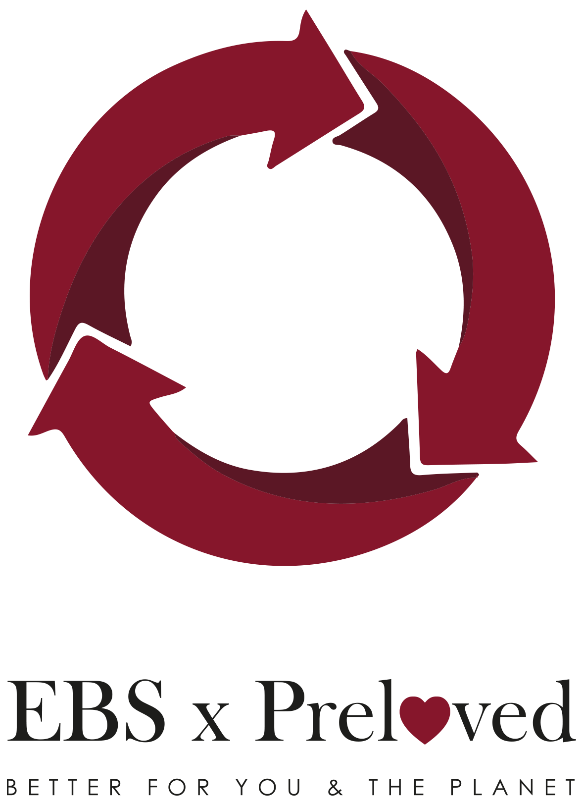 The logo for EBS pre-loved uniform. It is a red circular recycling sign and says EBS x pre-loved with the o replaced with a heart