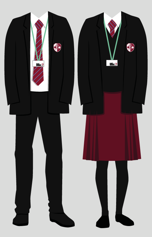 an illustration of the east barnet school uniform. Option 1 is a maroon and blue tie, white shirt, black blazer, black trousers and black shoes. Option 2 is a maroon and blue tie, white shirt, black blazer, black jumper (optional), maroon kilt, black shoes.