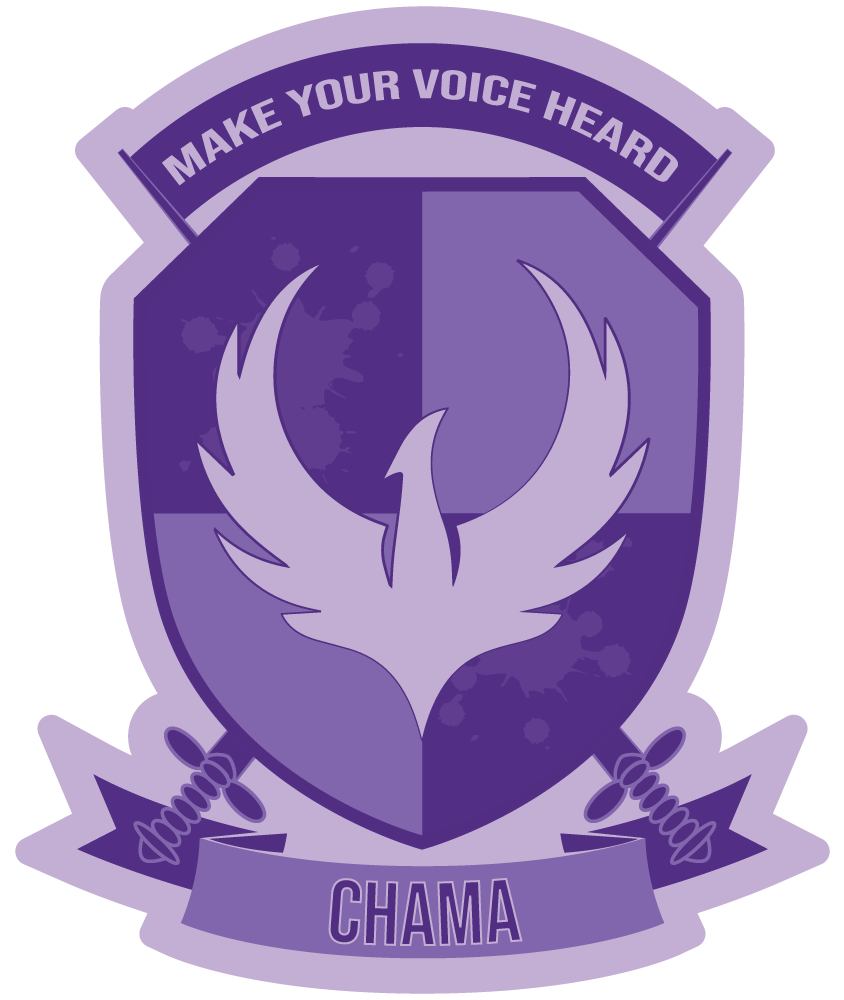 The east barnet school chama house logo is the shield with an eagle in the middle. The motto at the top says make your voice heard and it says chama at the bottom. All created with purple hues.