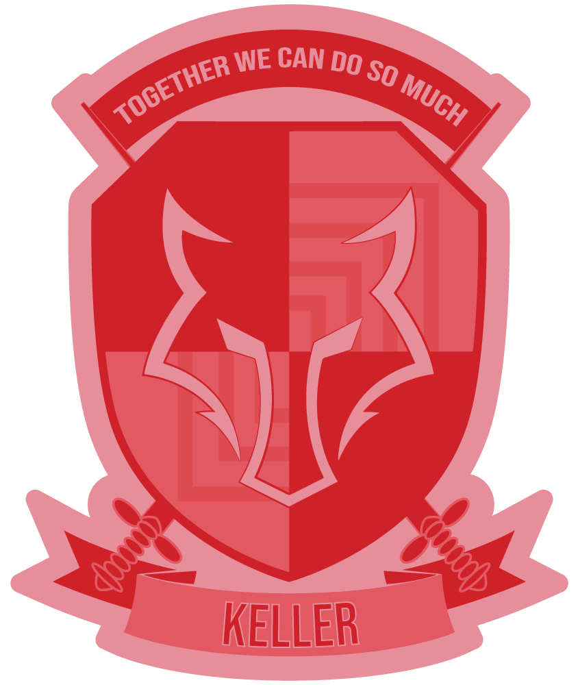 The east barnet school keller house logo is the shield with a wolf in the middle. The motto at the top says together we can do so much and it says keller at the bottom. All created with red hues.
