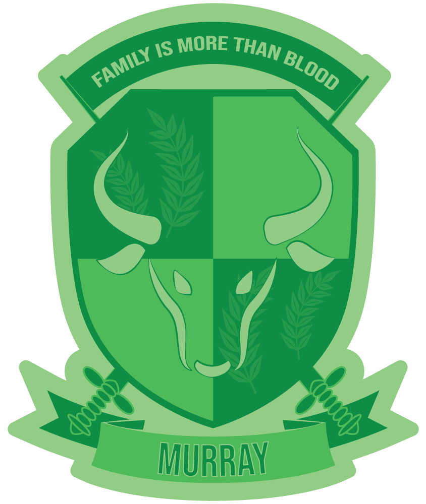 The east barnet school murray house logo is the shield with a bison in the middle. The motto at the top says family is more than blood and it says murray at the bottom. All created with green hues.