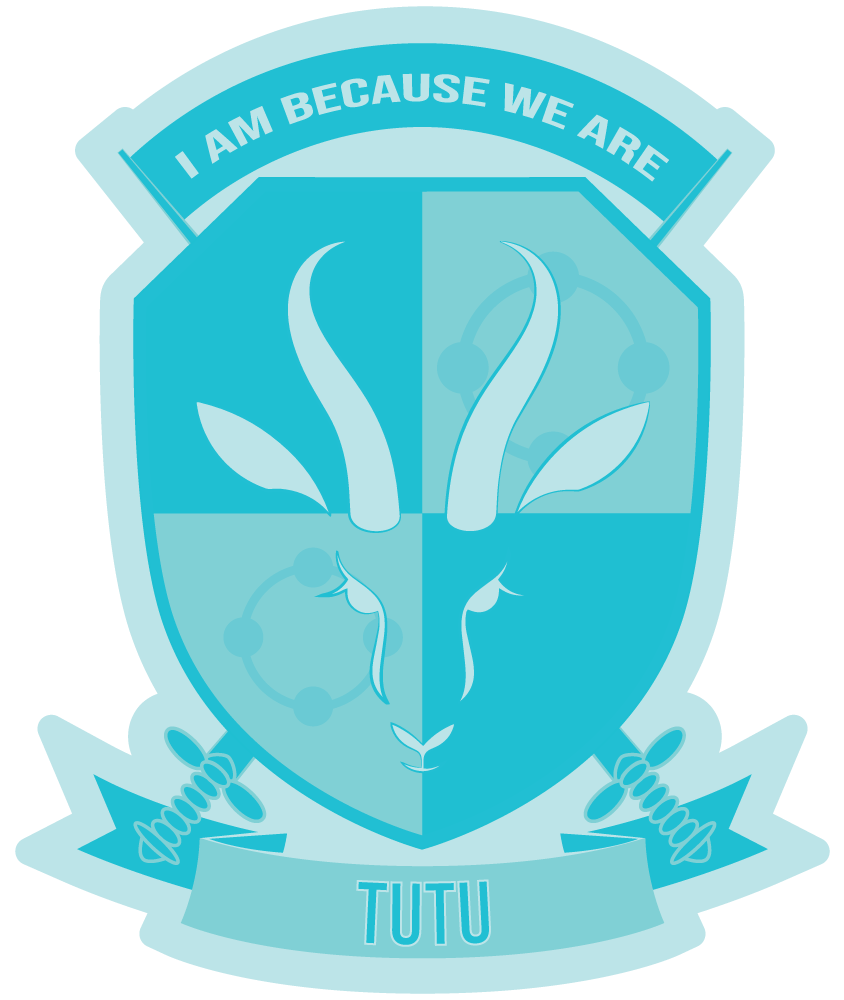 The east barnet school tutu house logo is the shield with a springbok in the middle. The motto at the top says i am because we are and it says tutu at the bottom. All created with blue hues.