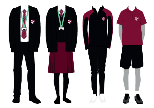 Illustrations of the East Barnet School Uniform and PE Kit that students wear