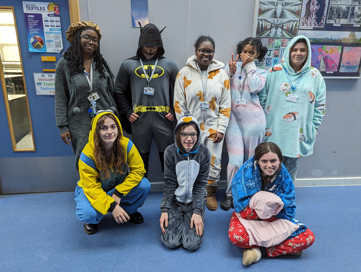 sixth form students in pyjamas