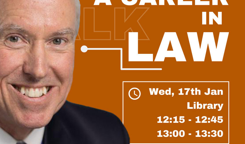 a poster advertising a career in law talk
