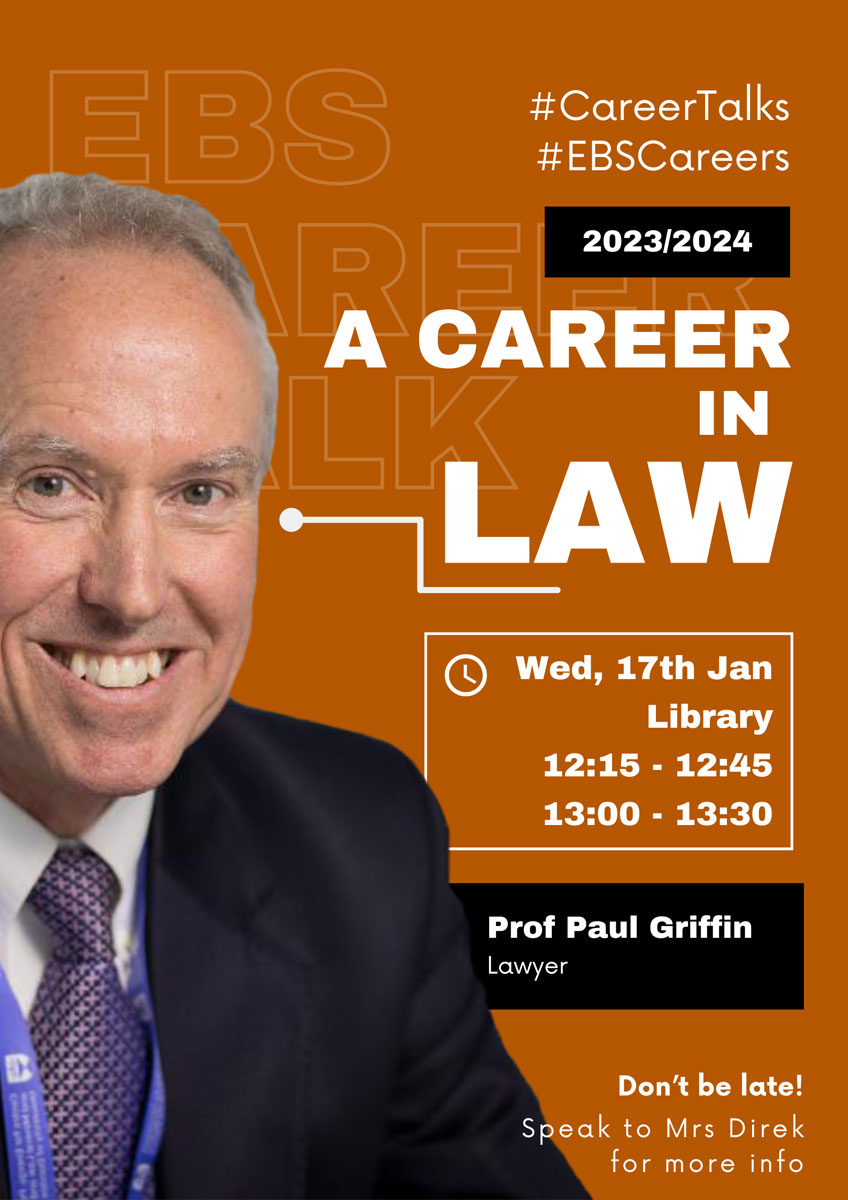 a poster advertising a career in law talk