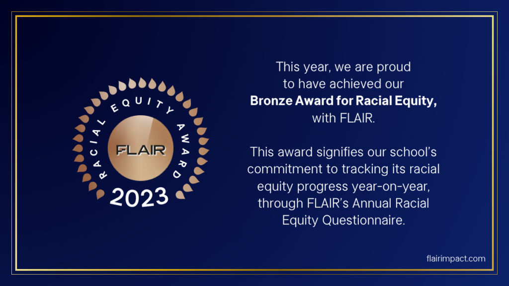 a blue background with the flair award that has been awarded to east barnet school for their racial equality work