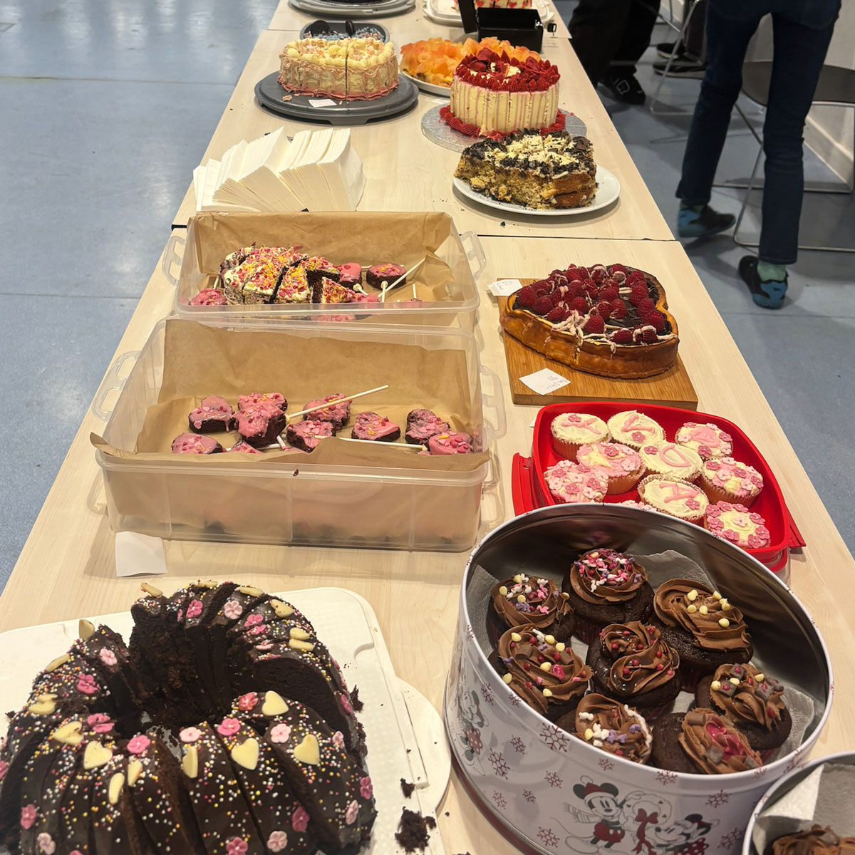 a look down the length of a table with all the cakes that were entered into the valentines ebs cake competition