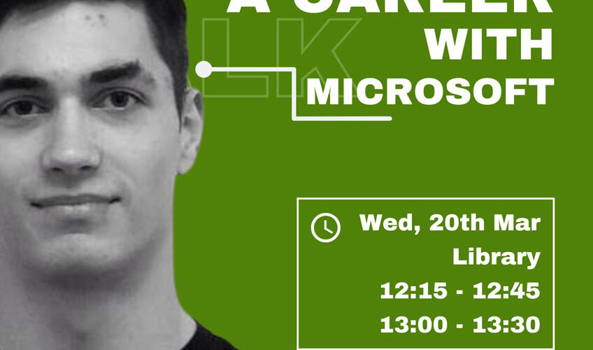 a poster with a green background and a picture of someone from microsoft
