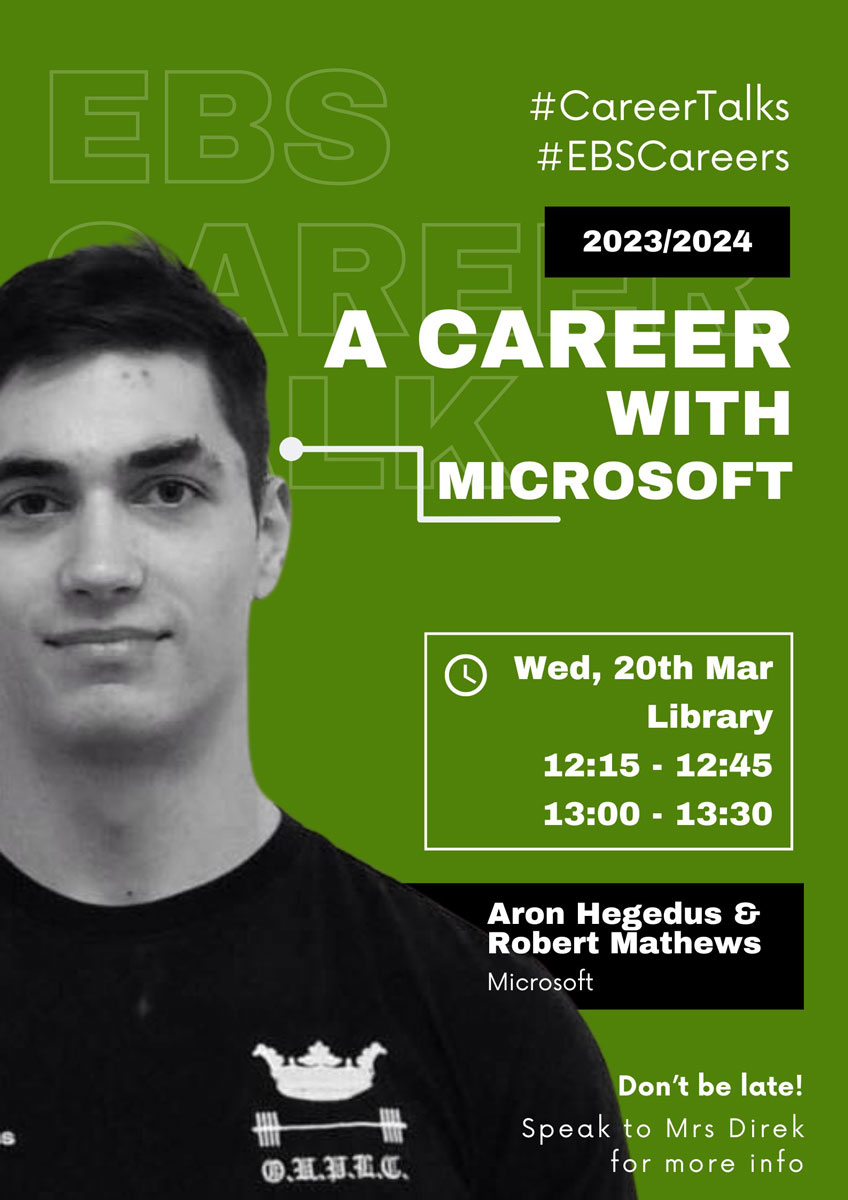 a poster with a green background and a picture of someone from microsoft