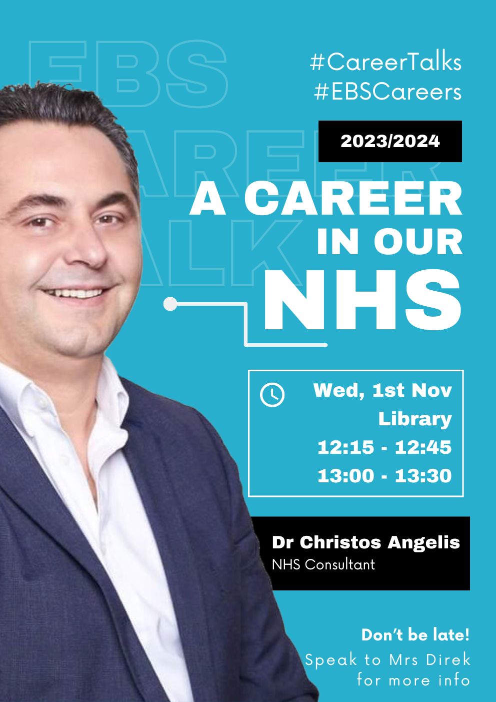 a blue background poster with a picture of a doctor and advert for an EBS NHS career talk